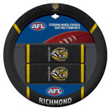 Richmond Tigers Official AFL merchandise pack featuring: 1 steering wheel cover (fits most 15-inch steering wheels) and 2 seat belt comforts, all crafted from durable mesh fabric.