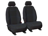 Black neoprene front bucket seat covers with blue stitching, custom-fit for Toyota Hilux 100 Series. Waterproof and durable for everyday protection.