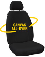Heavy-duty 16oz black premium canvas seat cover material with 5mm foam backing and waterproof lining