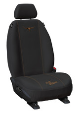 RM Williams 13oz poly canvas seat cover fitted to front vehicle seat showing premium tailored fit, waterproof protection and heavy-duty durability