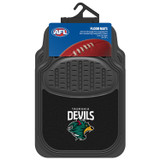 Official Tasmania Devils AFL car floor mat set of 4 featuring black carpet and rubber mats with team logo, universal fit, driver's heel pad and non-slip backing.