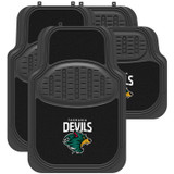 Tasmania Devils Official AFL universal car floor mats including 2 front and 2 rear black carpet and rubber mats with non-slip backing and driver's heel pad.
