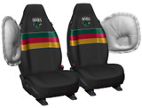 Official Tasmania Devils AFL universal front seat cover fitted to a bucket seat showing airbag-compatible side seam for enhanced safety.