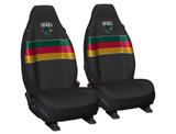 Official Tasmania Devils AFL universal front car seat covers fitted to two bucket seats, featuring premium polyester fabric, team logo and foam-backed comfort.