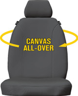 CSuper Tough Charcoal all-over canvas front seat cover display for Toyota Hilux 200 Series SR and SR5 Dual Cab showcasing full canvas protection.