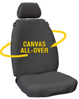 Super Tough Charcoal custom-fit all-over canvas seat cover display for Toyota Hilux 200 Series SR and SR5 Dual Cab highlighting heavy-duty canvas construction.