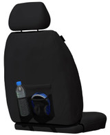 Getaway Black Neoprene front seat cover display with silver stitching featuring integrated rear map pocket for Toyota Hilux 200 Series Workmate Single Cab.