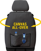 Super Tough Charcoal premium all-over canvas front seat cover display for Toyota Hilux 200 Series Workmate Single Cab built for fleet, trade and commercial vehicles.