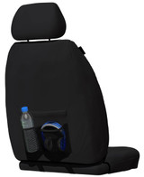 Rear view of Getaway Black front seat covers with silver stitching and integrated rear map pocket.