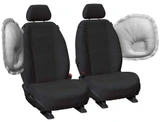 Black neoprene front seat covers with silver stitching, custom fit for Toyota Hilux, shown on bucket seats for durable everyday protection with airbag allowance.