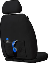 Tradies Black Canvas front seat covers showing rear storage map pocket for Holden Colorado, Isuzu D-MAX and MU-X.
