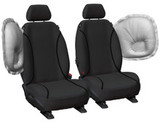Black Tradies canvas seat covers for Toyota Hilux showing airbag-compatible side seam design