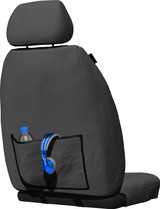 Rear view of Tradies Grey Canvas front seat covers with integrated rear map pocket for Toyota LandCruiser 70 Series.