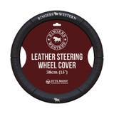 Ringers Western Genuine Leather Steering Wheel Cover Black with White Bull Logo 15 Inch