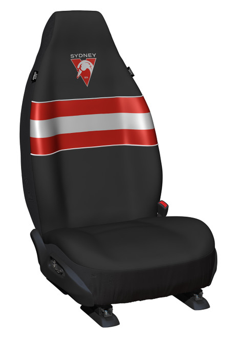 Sydney Swans Official AFL Front Car Seat Covers - Pair of high-quality polyester covers with universal fit, featuring the Sydney Swans team logo. Perfect for fans and enthusiasts alike.