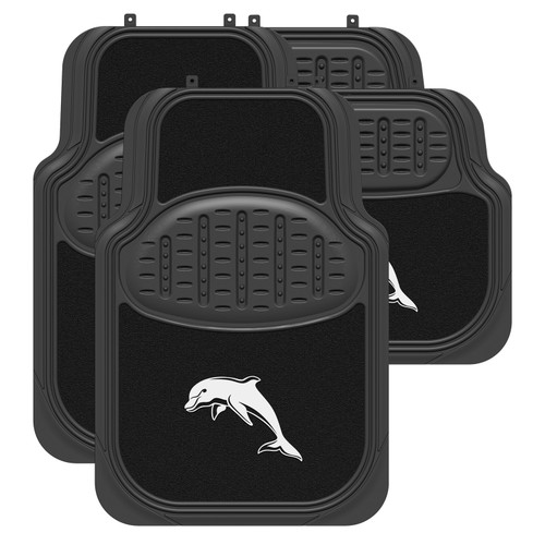 Set of four Redcliffe Dolphins Official NRL Car Floor Mats, featuring a mix of carpet and rubber materials for durability and universal fit.