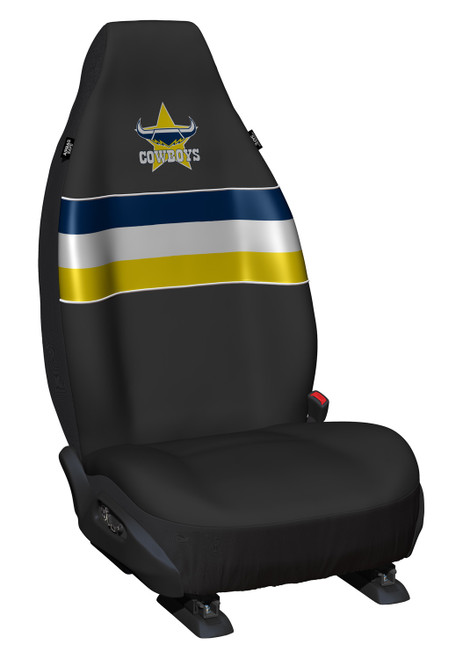 North Queensland Official NRL front Car Seat Covers - Pair of high-quality polyester covers with universal fit, featuring the licensed North Queensland Cowboys team logo. Perfect for fans and enthusiasts alike.