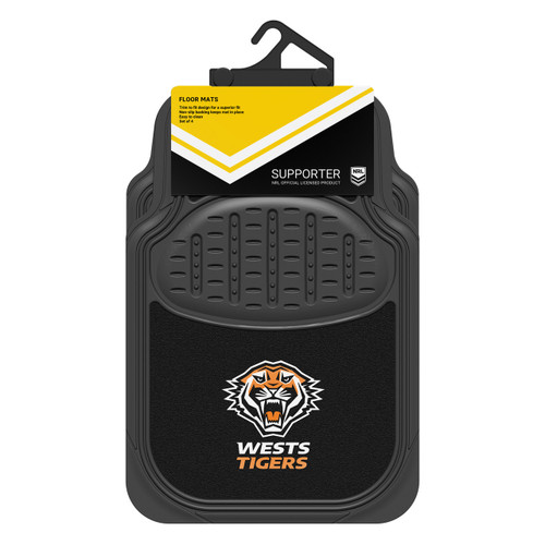 Wests Tigers Official NRL merchandise - black rubber and carpet mats featuring a universal fit for most cars. Includes driver's side heel pad and non-slip backing. Set includes 2 front mats and 2 rear mats.