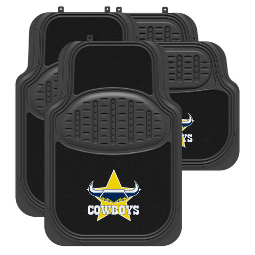 Set of four North Queensland Cowboys Official NRL Car Floor Mats, featuring a mix of carpet and rubber materials for durability and universal fit.