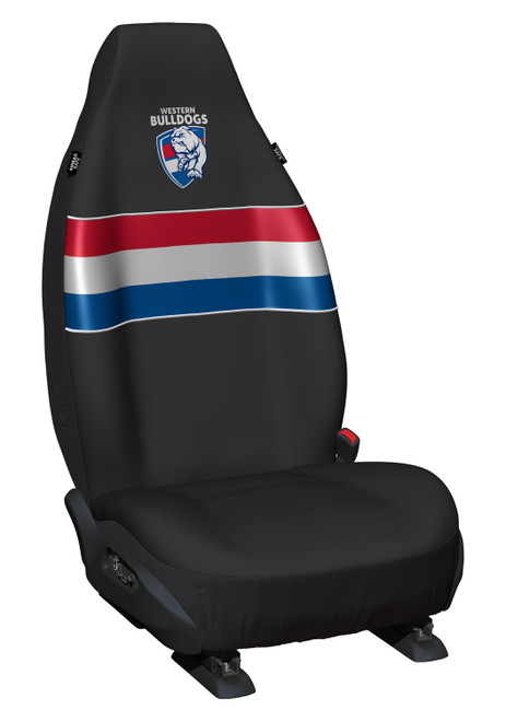 Western Bulldogs Official AFL Car Seat Covers - Pair of high-quality polyester covers with universal fit, featuring the Western Bulldogs team logo. Perfect for fans and enthusiasts alike