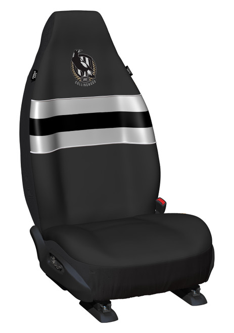 Collingwood Magpies Official AFL Front Car Seat Covers - Pair of high-quality polyester covers with universal fit, featuring the Collingwood Magpies team logo. Perfect for fans and enthusiasts alike