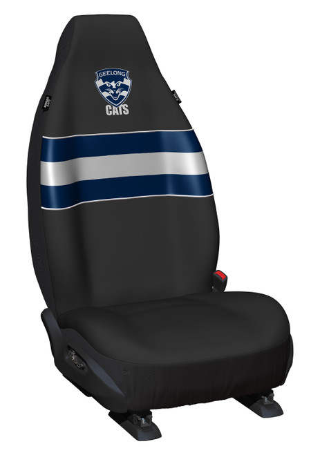 Geelong Cats Official AFL Front Car Seat Covers - Pair of high-quality polyester covers with universal fit, featuring the Geelong Cats team logo. Perfect for fans and enthusiasts alike.