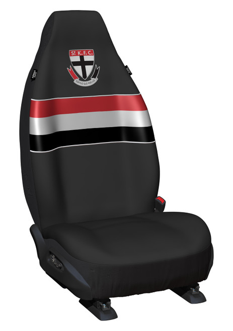 St Kilda Saints Official AFL Front Car Seat Covers - Pair of high-quality polyester covers with universal fit, featuring the St Kilda Saints team logo. Perfect for fans and enthusiasts alike