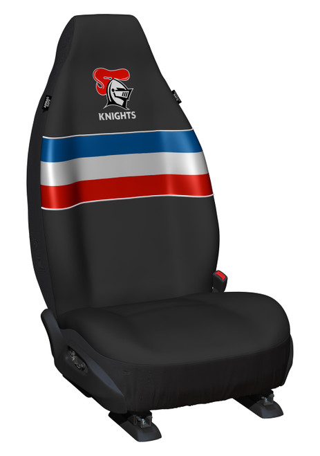 Newcastle Knights Official NRL front Car Seat Covers - Pair of high-quality polyester covers with universal fit, featuring the licensed Newcastle Knights team logo. Perfect for fans and enthusiasts alike.