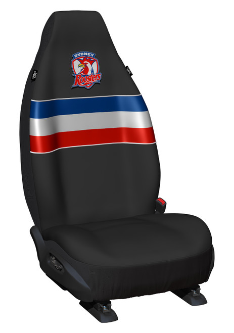 Sydney Roosters Official NRL front Car Seat Covers - Pair of high-quality polyester covers with universal fit, featuring the licensed Sydney Roosters team logo. Perfect for fans and enthusiasts alike.