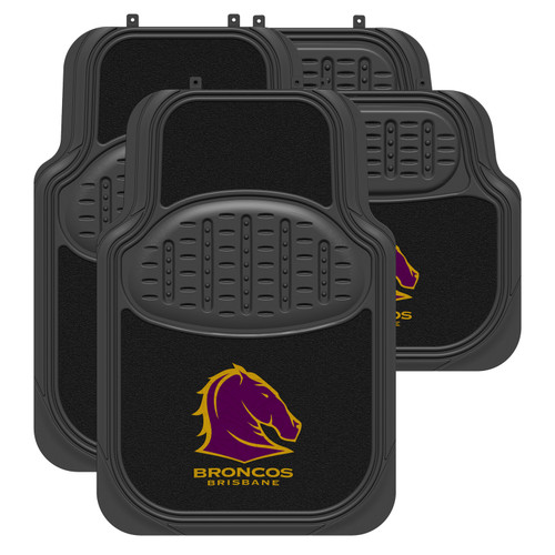 Set of four Brisbane Broncos Official NRL Car Floor Mats, featuring a mix of carpet and rubber materials for durability and universal fit.