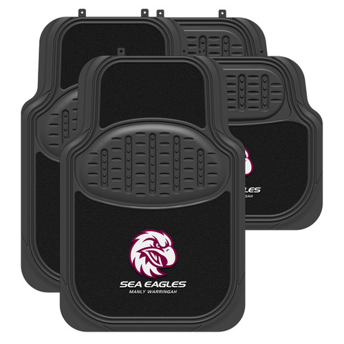 Set of four Manly Sea Eagles Official NRL Car Floor Mats, featuring a mix of carpet and rubber materials for durability and universal fit.