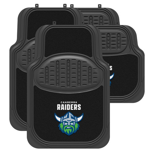 Set of four Canberra Raiders Official NRL Car Floor Mats, featuring a mix of carpet and rubber materials for durability and universal fit.