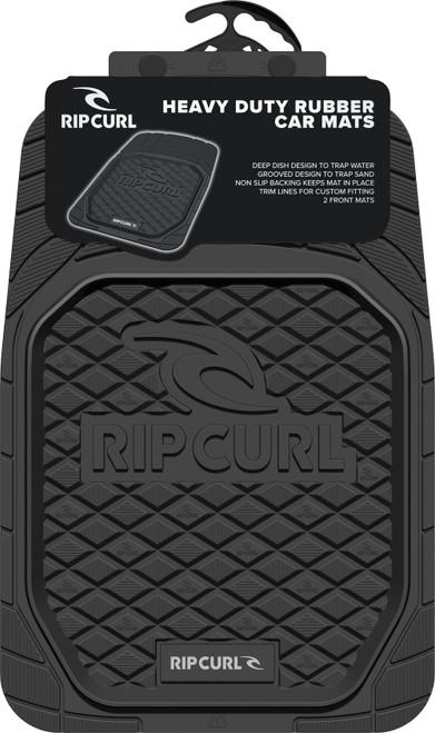 Rip Curl "Logo" Black rubber mats offer a robust solution for keeping your vehicle's interior clean and protected. Their deep dish design and precision grooves work effectively to contain water, sand, and debris. The non-slip backing ensures the mats stay in place, while the trim lines provide a customizable fit. Easy to clean and maintain, these mats come in a set of two for the front area, ensuring complete footwell protection. Ideal for those who value cleanliness without the fuss.