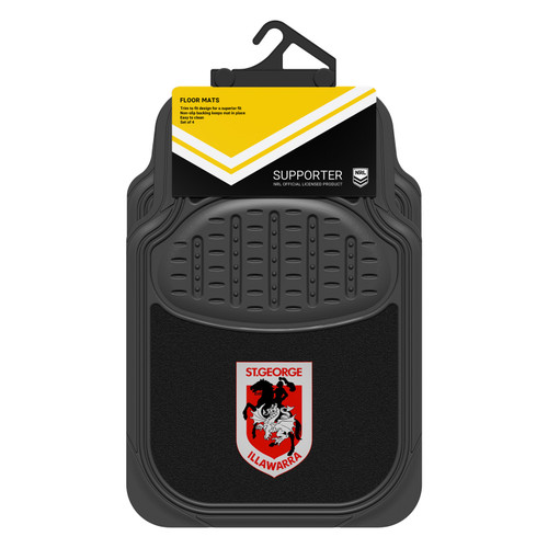 St George Illawarra Dragons Official NRL merchandise - black rubber and carpet mats featuring a universal fit for most cars. Includes driver's side heel pad and non-slip backing. Set includes 2 front mats and 2 rear mats.