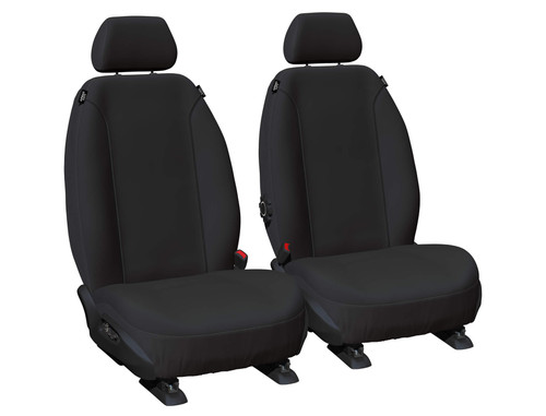 Pair of black Super Tough canvas front bucket seat covers for Toyota Hilux with heavy-duty fleet-grade construction