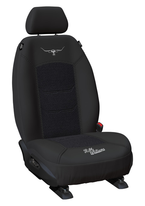 R.M.Williams Jacquard Black Custom-made Car Seat Covers, showcasing their sleek design and quality craftsmanship. The black jacquard fabric exudes sophistication, while the tailored fit ensures both style and protection for your vehicle's interior. These seat covers add a touch of luxury to any car, combining durability with aesthetic appeal.