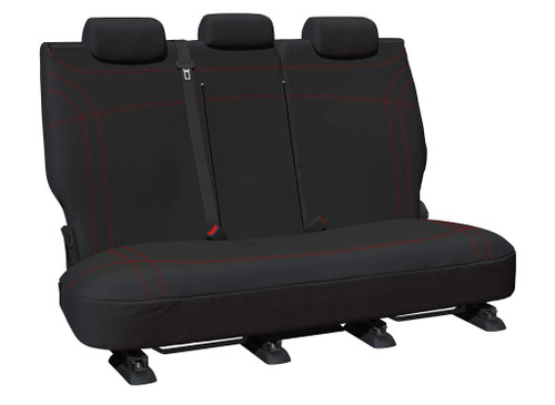 Custom-fit Getaway black neoprene rear bench seat covers with red stitching for Isuzu D-MAX and Mazda BT-50 Dual Cab, waterproof automotive-grade neoprene with a tailored fit.