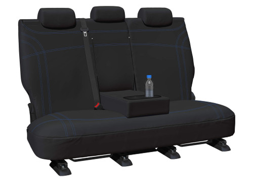 Getaway Black neoprene Row 2 seat covers with blue stitching for Isuzu MU-X 2021-on – fold-down centre armrest.