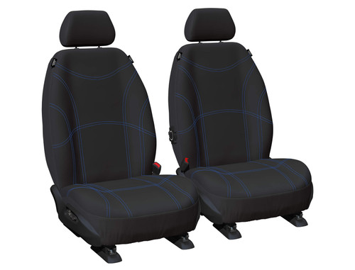 Ready made black neoprene front bucket seat covers with blue stitching for Ford Ranger PX, Ford Everest UA and Mazda BT-50 designed for durable custom fit protection