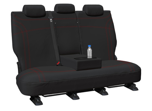 Black neoprene rear seat cover with red stitching and centre armrest access for BYD Atto 3