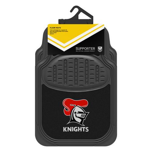 Newcastle Knights Official NRL merchandise - black rubber and carpet mats featuring a universal fit for most cars. Includes driver's side heel pad and non-slip backing. Set includes 2 front mats and 2 rear mats.