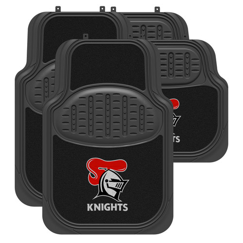 Set of four Newcastle Knights Official NRL Car Floor Mats, featuring a mix of carpet and rubber materials for durability and universal fit.