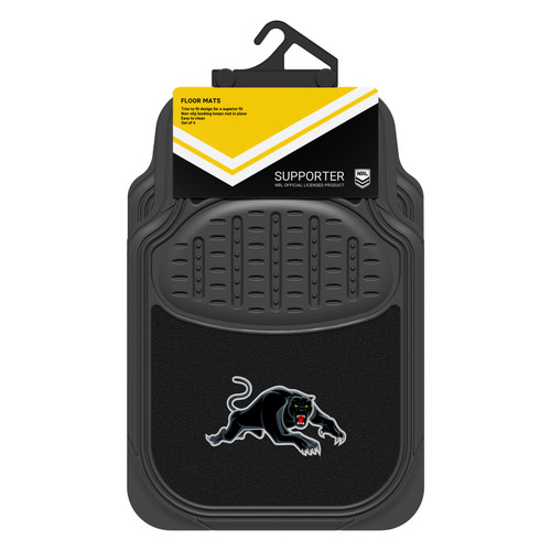 Penrith Panthers Official NRL merchandise - black rubber and carpet mats featuring a universal fit for most cars. Includes driver's side heel pad and non-slip backing. Set includes 2 front mats and 2 rear mats.