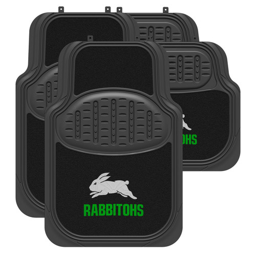 Set of four South Sydney Rabbitohs Official NRL Car Floor Mats, featuring a mix of carpet and rubber materials for durability and universal fit.