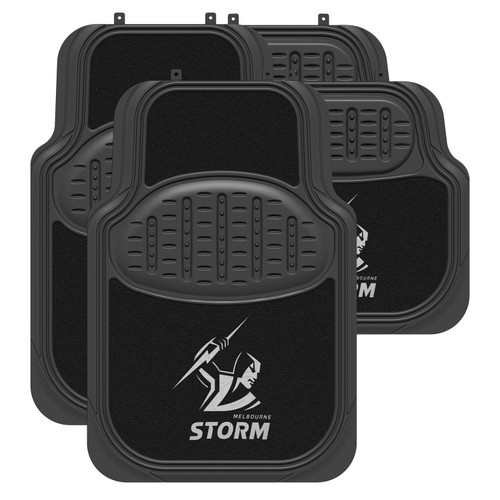 Set of four Melbourne Storm Official NRL Car Floor Mats, featuring a mix of carpet and rubber materials for durability and universal fit.