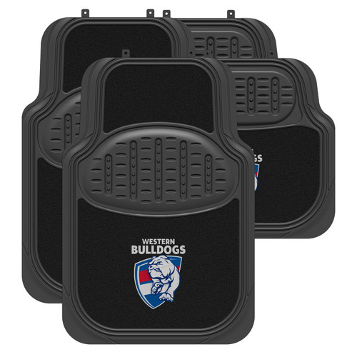 Western Bulldogs Official AFL car mats: Black rubber/carpet mats designed for universal fit in most cars. Features a driver's side heel pad and non-slip backing for added safety. Includes 2 front mats and 2 rear mats.