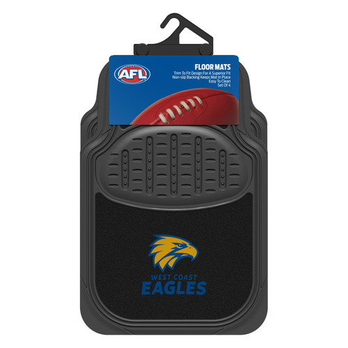 West Coast Eagles Official AFL Car Mats - A set of four durable car mats featuring a combination of rubber and carpet materials. Show your support for the Eagles while keeping your car clean and stylish on game day and beyond