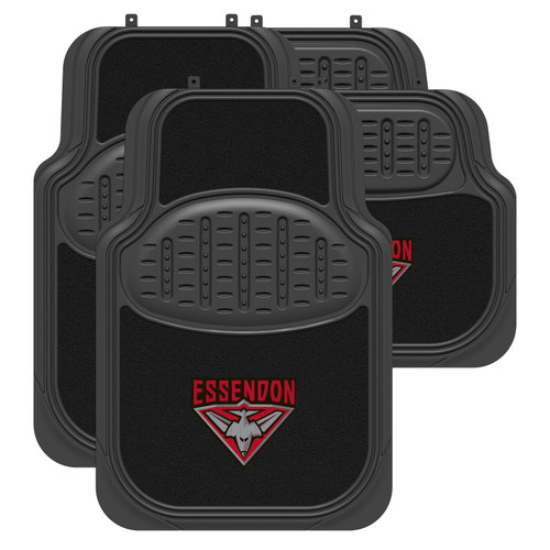 Essendon Bombers Official AFL car mats: Black rubber/carpet mats designed for universal fit in most cars. Features a driver's side heel pad and non-slip backing for added safety. Includes 2 front mats and 2 rear mats.