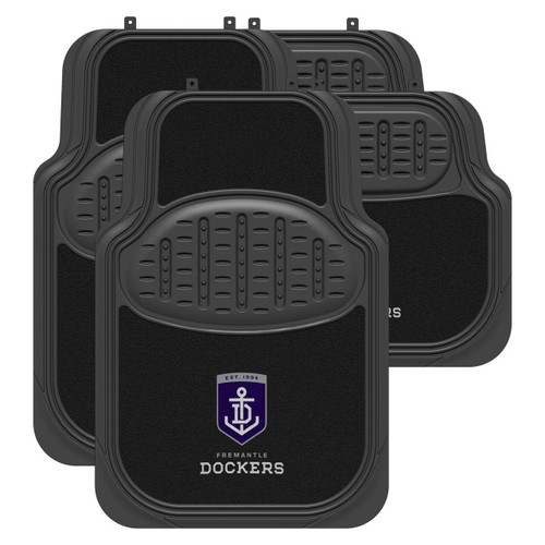 Fremantle Dockers Official AFL car mats: Black rubber/carpet mats designed for universal fit in most cars. Features a driver's side heel pad and non-slip backing for added safety. Includes 2 front mats and 2 rear mats. Fremantle Dockers Official AFL car mats: Black rubber/carpet mats designed for universal fit in most cars. Features a driver's side heel pad and non-slip backing for added safety. Includes 2 front mats and 2 rear mats.