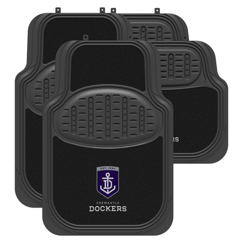Fremantle Dockers Official AFL car mats: Black rubber/carpet mats designed for universal fit in most cars. Features a driver's side heel pad and non-slip backing for added safety. Includes 2 front mats and 2 rear mats.